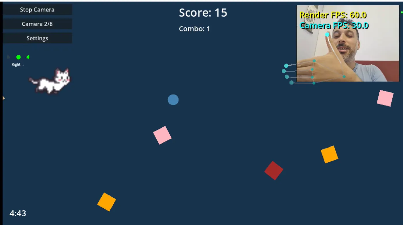 Prototype screenshot showing a hand-tracking physiotherapy game controlled by webcam-detected finger movement