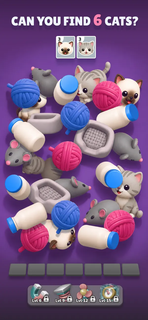 Triple Match 3D gameplay showing a crowded field of objects to search and match